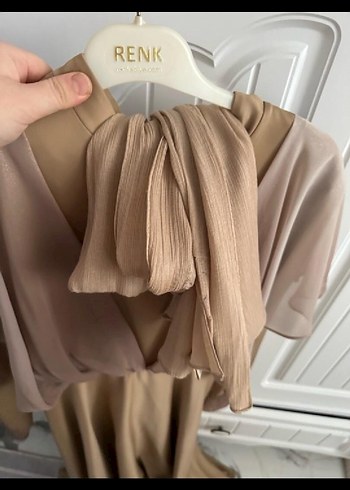 Bej  Drapeli Uzun Abiye Elbise - Görsel 6