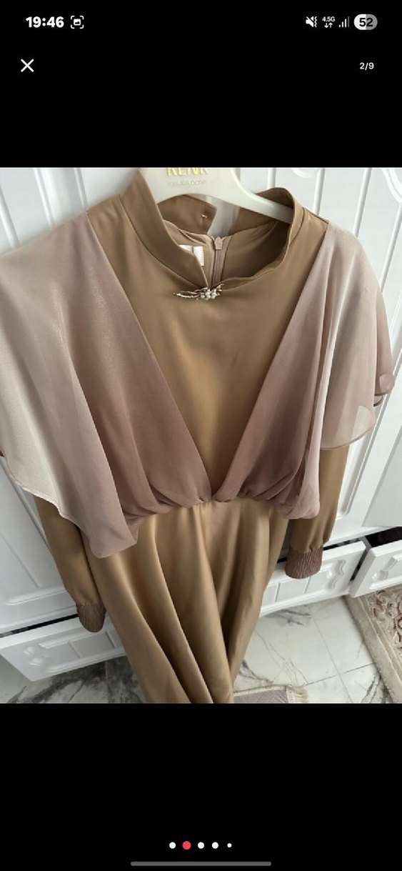 Bej  Drapeli Uzun Abiye Elbise - Görsel 3