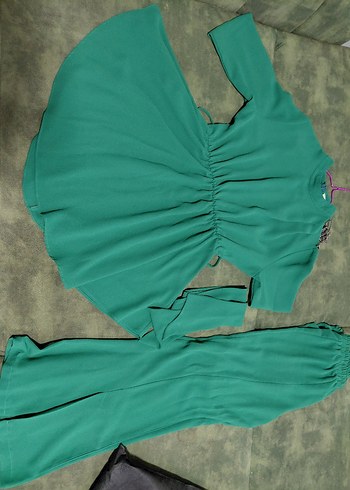 Drapeli Yeşil Uzun Kollu Salaş Elbise ikili takım - Görsel 5