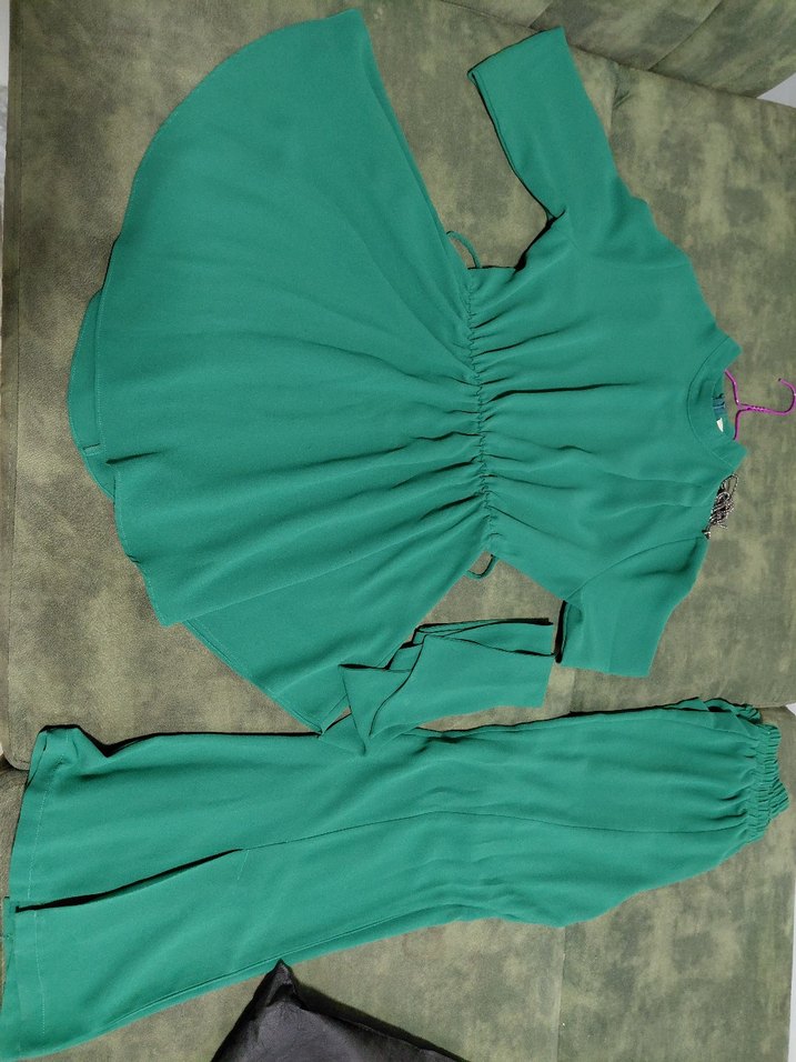 Drapeli Yeşil Uzun Kollu Salaş Elbise ikili takım - Görsel 5