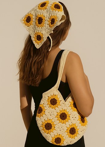 Sarı Çiçek Desenli Örgü Bohem Çanta ve Bandana