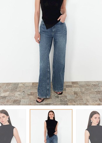 Siyah V Yakalı Kolsuz Denim Bluz - Görsel 2