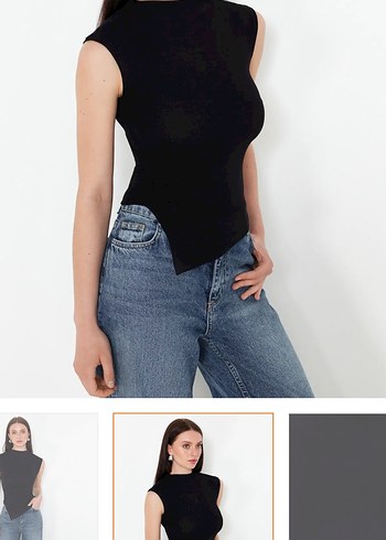 Siyah V Yakalı Kolsuz Denim Bluz - Görsel 3