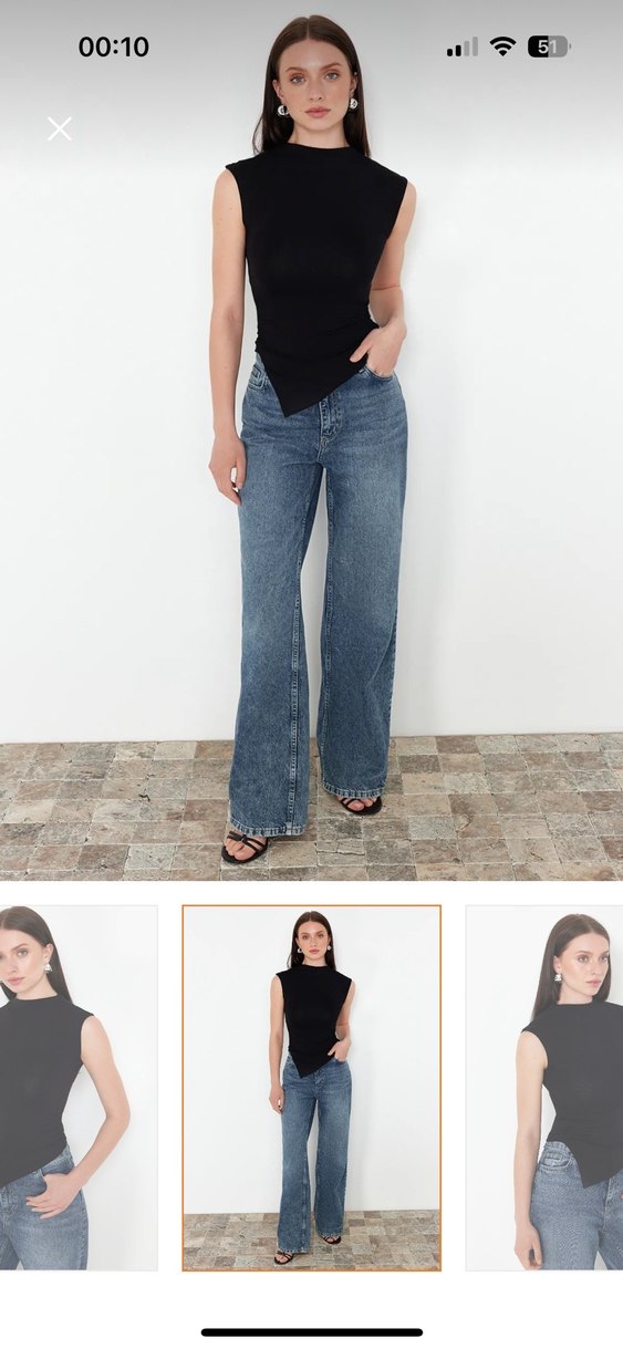 Siyah V Yakalı Kolsuz Denim Bluz - Görsel 2