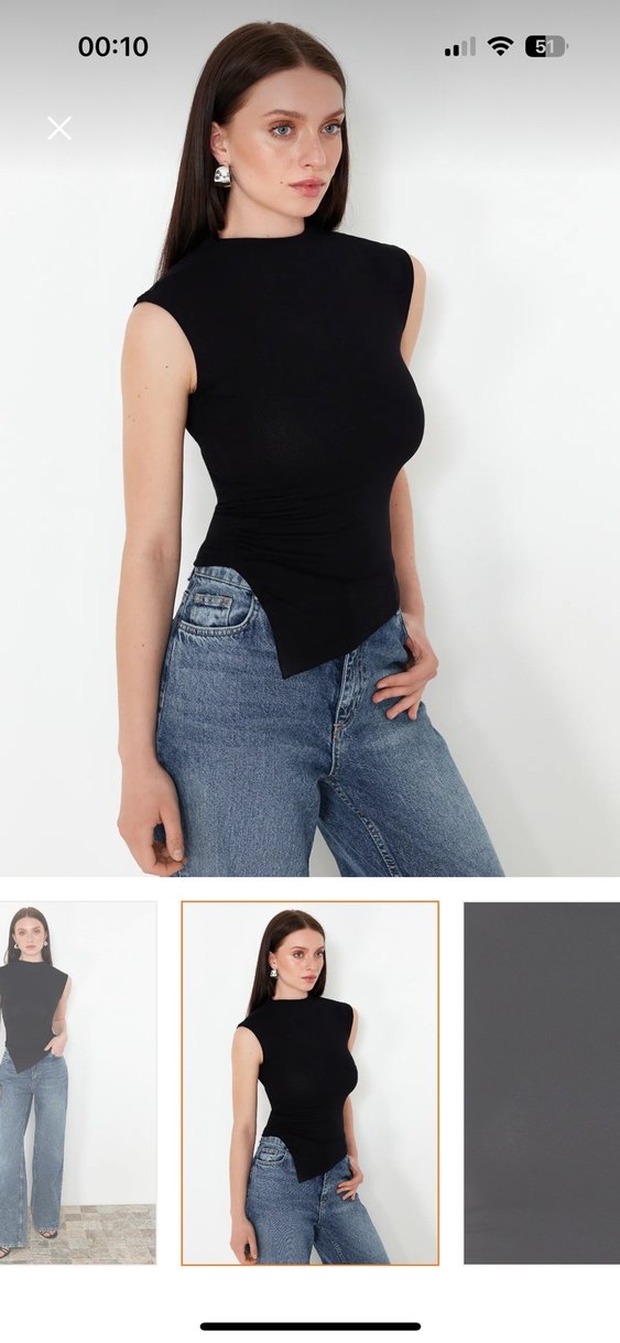 Siyah V Yakalı Kolsuz Denim Bluz - Görsel 3