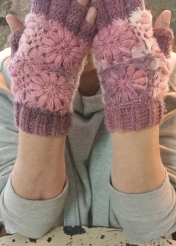 Pembe Bohem Örgü Parmaksız Eldiven - Görsel 2