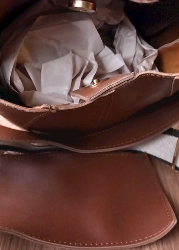 Kahverengi Deri Kadın Çanta mini cüzdanlı - Görsel 2