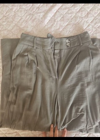 xs Beden haki Renk Bej Keten Mini Düğmeli Kadın Pantolon