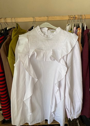 Beyaz Fırfırlı Uzun Kollu Keten Gömlek - Görsel 2