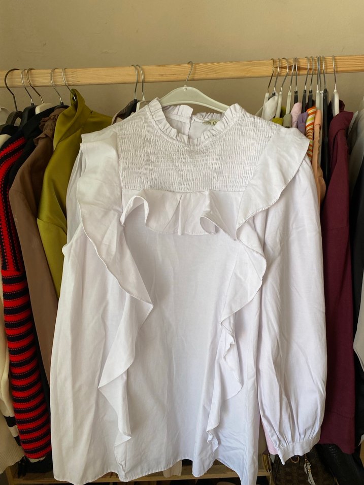 Beyaz Fırfırlı Uzun Kollu Keten Gömlek - Görsel 2