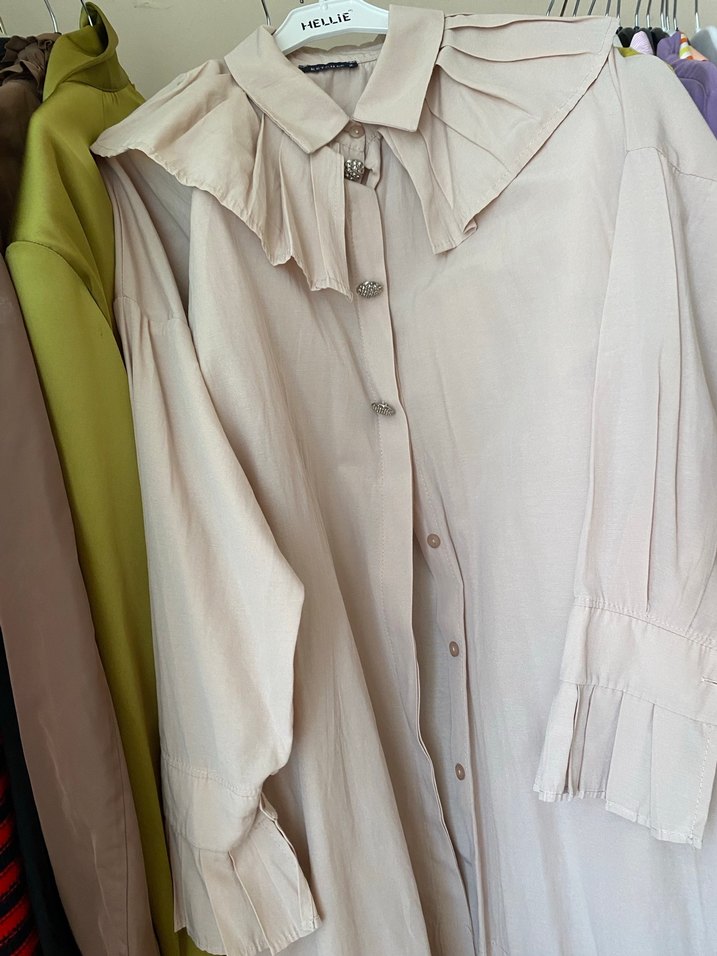 Bej Kadın Keten Gömlek, Düğmeli, Bohem Stil - Görsel 2