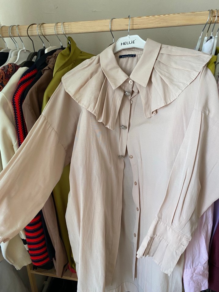 Bej Kadın Keten Gömlek, Düğmeli, Bohem Stil - Görsel 3