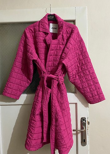 Pembe Düğmeli Uzun Keten Kadın Ceket - Görsel 2