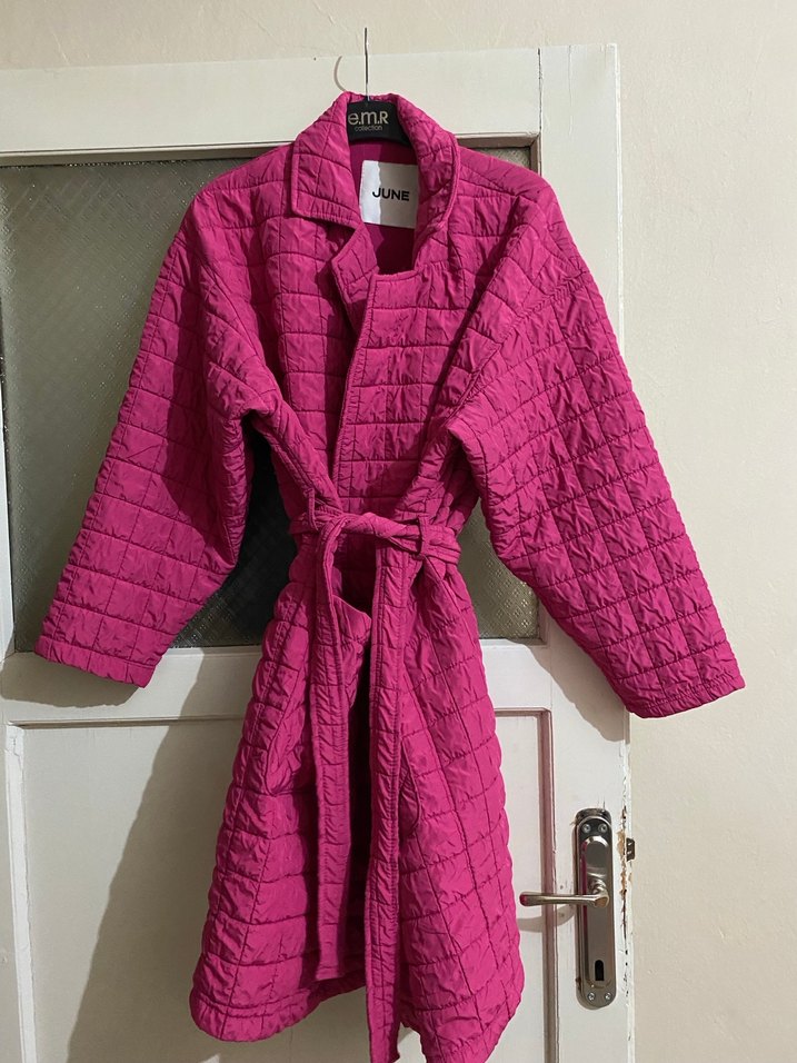 Pembe Düğmeli Uzun Keten Kadın Ceket - Görsel 2