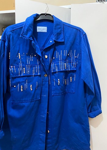 Düğmeli Mavi Nakışlı Kadın Denim Ceket takım - Görsel 2