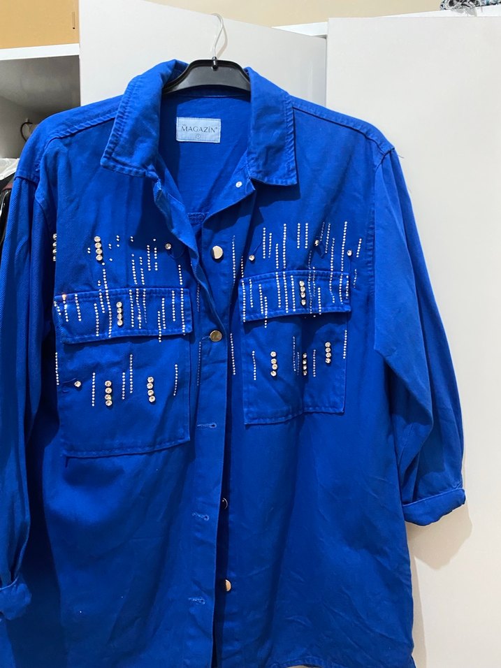 Düğmeli Mavi Nakışlı Kadın Denim Ceket takım - Görsel 2