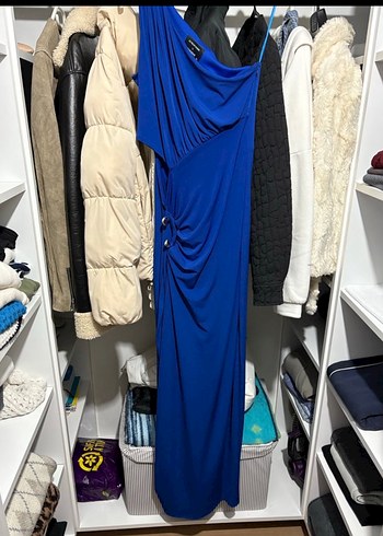 Mavi Drapeli V Yakalı Uzun Abiye Elbise - Görsel 2