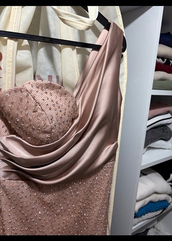 Bej Drapeli Straplez Uzun Abiye Elbise - Görsel 3