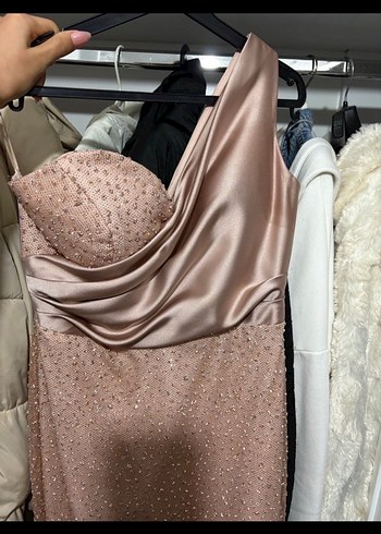 Bej Drapeli Straplez Uzun Abiye Elbise - Görsel 2