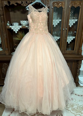 Pembe Vintage Nakışlı ve Boncuk İşlemeli Uzun Abiye - Görsel 3