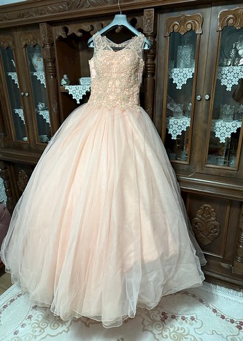 Pembe Vintage Nakışlı ve Boncuk İşlemeli Uzun Abiye - Görsel 2