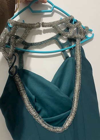 Uzun Turkuaz Drapeli V Yaka Abiye Elbise - Görsel 4