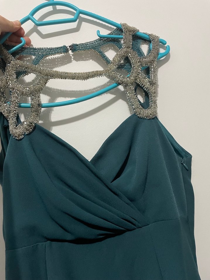 Uzun Turkuaz Drapeli V Yaka Abiye Elbise - Görsel 3