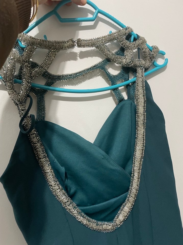 Uzun Turkuaz Drapeli V Yaka Abiye Elbise - Görsel 4