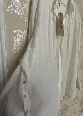 Kadın Beyaz Keten Uzun Kollu Gömlek - Görsel 2