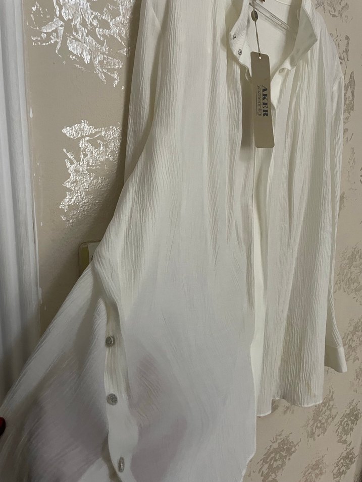 Kadın Beyaz Keten Uzun Kollu Gömlek - Görsel 2