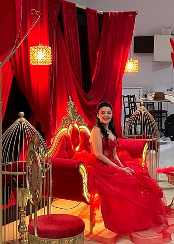 Kadın Kırmızı Straplez Uzun Abiye Elbise - Görsel 2