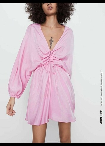 ZARA PEMBE MINI SATEN ELBISE