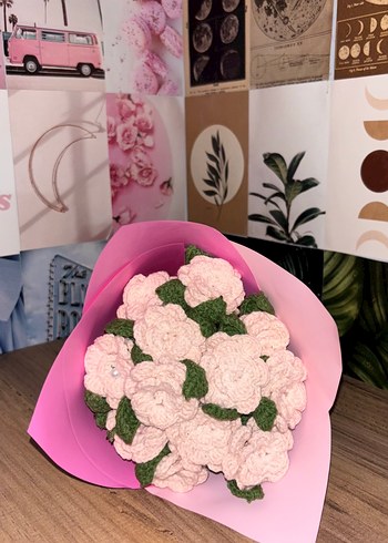 Pastel Pembe El Örgüsü Çiçek Buketi