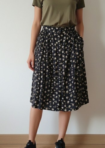 Düğmeli Midi Vintage Pamuk Etek - Görsel 2