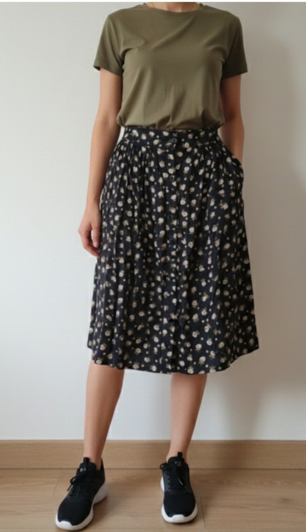 Düğmeli Midi Vintage Pamuk Etek - Görsel 2