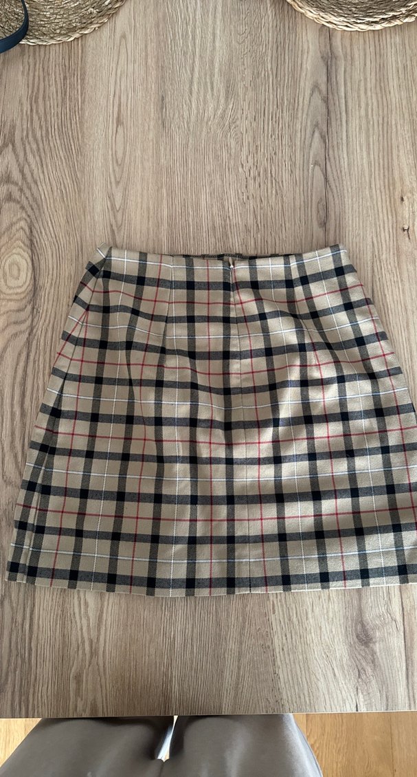 Düğmeli Ekoseli Bej Mini Etek - Görsel 3