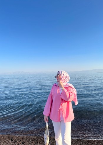 Diğer Canli Pembe Kapusonlu Rahat Kimono