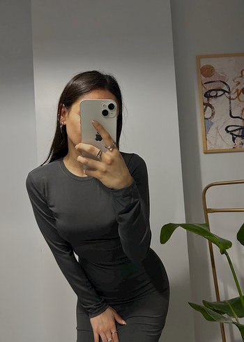 Zara Gri Uzun Kollu Maxi Elbise