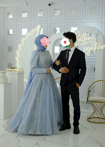 Uzun Kollu Mavi Etnik Desenli Notalı Yaka Abiye