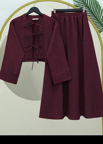 Bordo Uzun Bol Kesim Keten Takım - Görsel 2