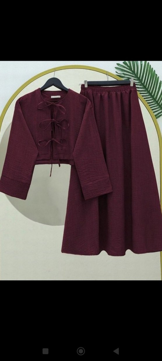 Bordo Uzun Bol Kesim Keten Takım - Görsel 2