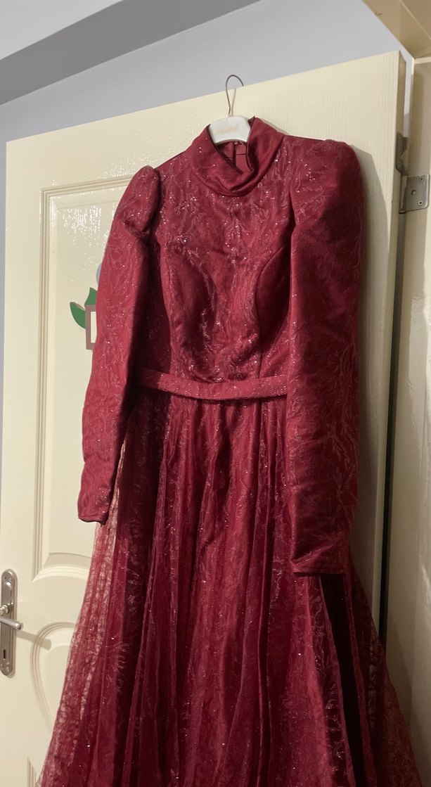 Bordo İşlemeli Uzun Kollu Kadın Elbise - Görsel 4