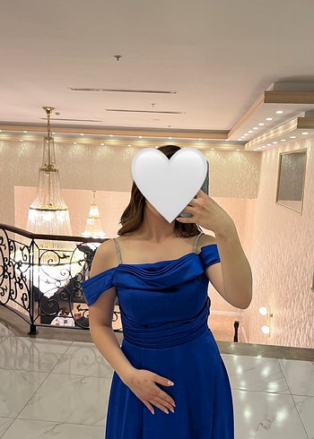 Saks Mavisi Drapeli Straplez Abiye Elbise - Görsel 2