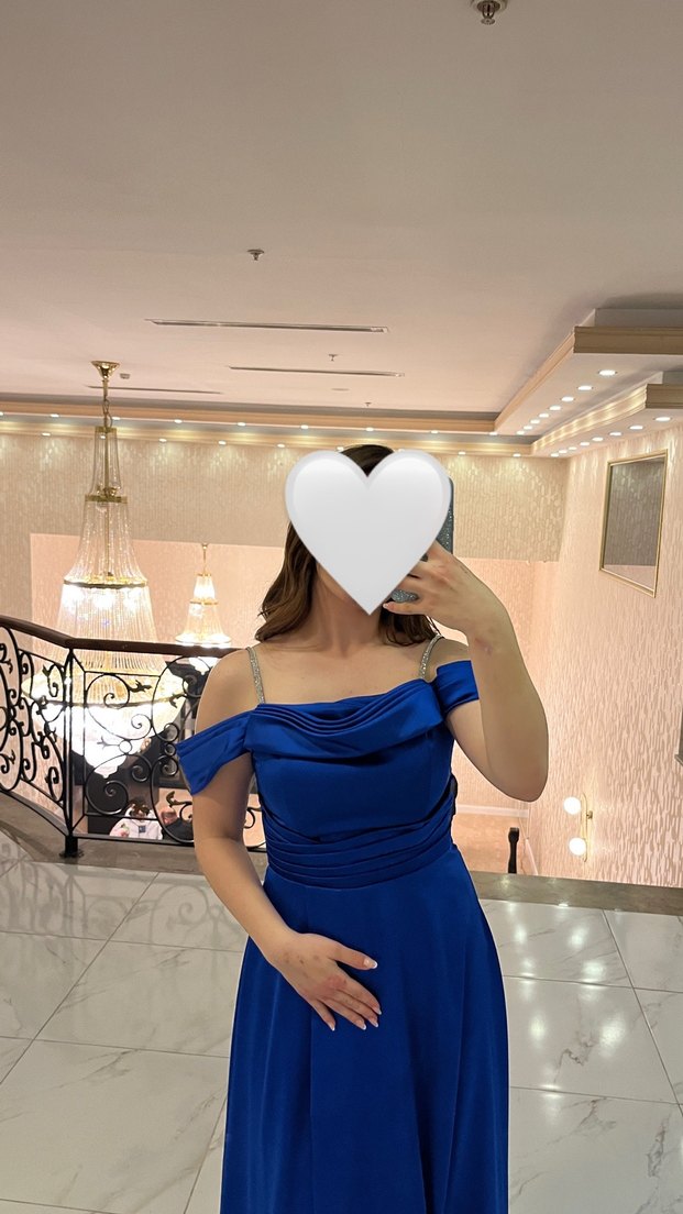 Saks Mavisi Drapeli Straplez Abiye Elbise - Görsel 2