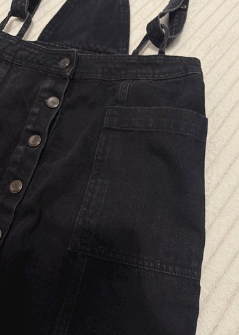 Düğmeli Siyah Kadın Kot Salopet - Görsel 2