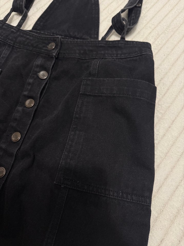 Düğmeli Siyah Kadın Kot Salopet - Görsel 2