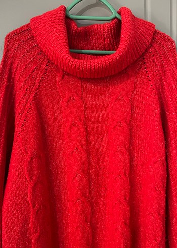 Kırmızı Yüksek Yakalı Örgü Kadın Kazak - Görsel 2