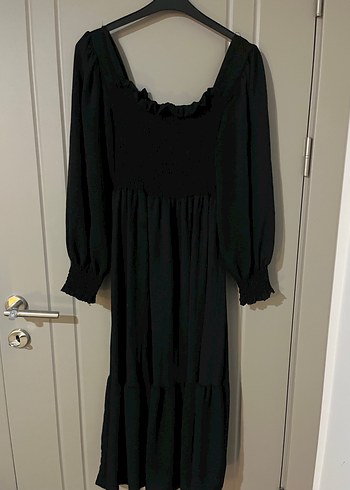 Uzun Siyah Bohem Gotik Elbise Volan Detaylı - Görsel 2