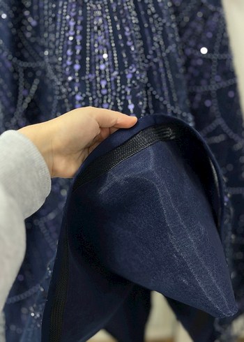 Boncuk İşlemeli Lacivert Uzun Abiye Elbise Nişanlık - Görsel 6