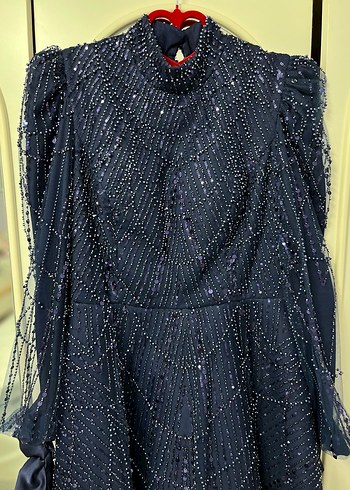 Boncuk İşlemeli Lacivert Uzun Abiye Elbise Nişanlık - Görsel 2